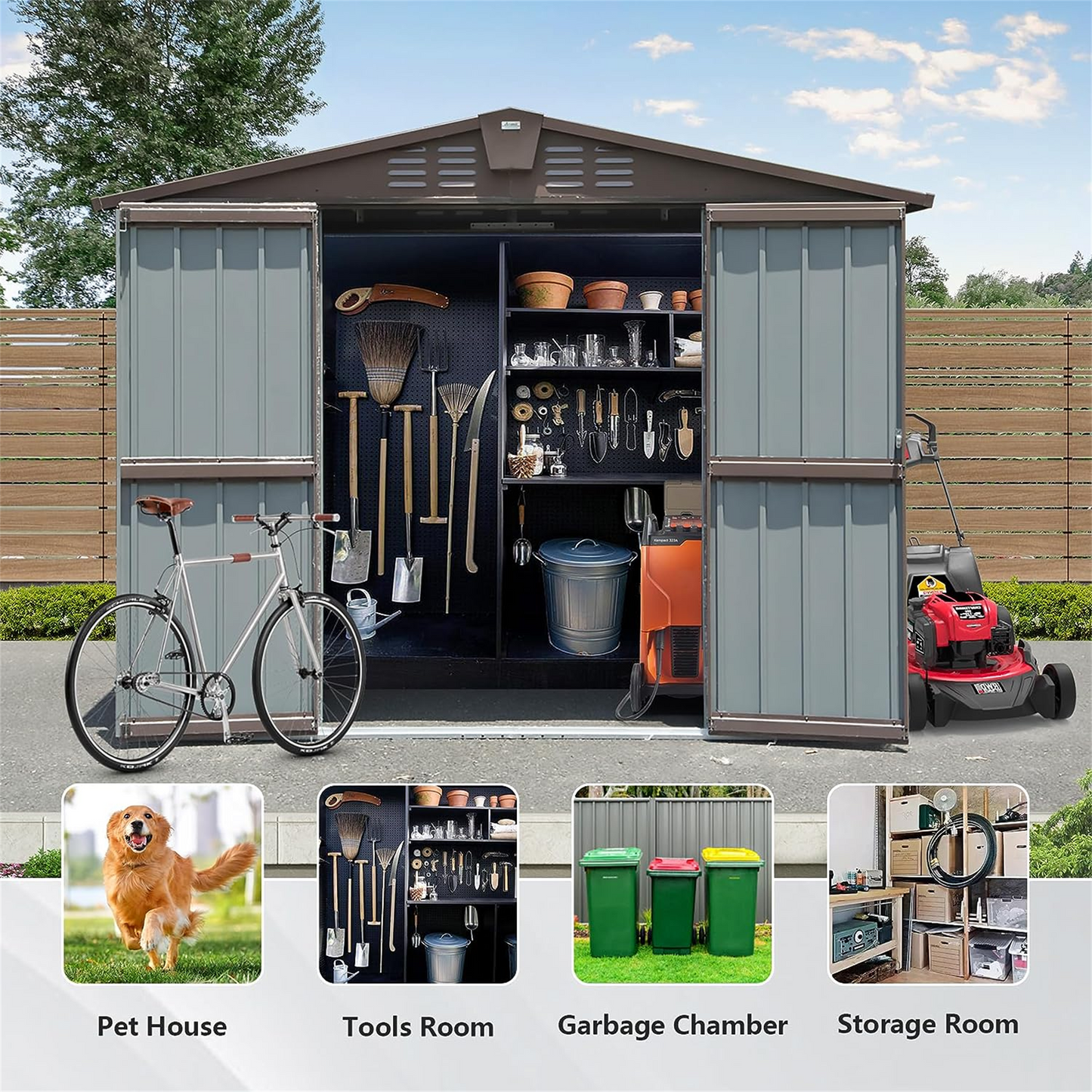 Gray metal garden shed with double doors tools lawnmower and bicycle