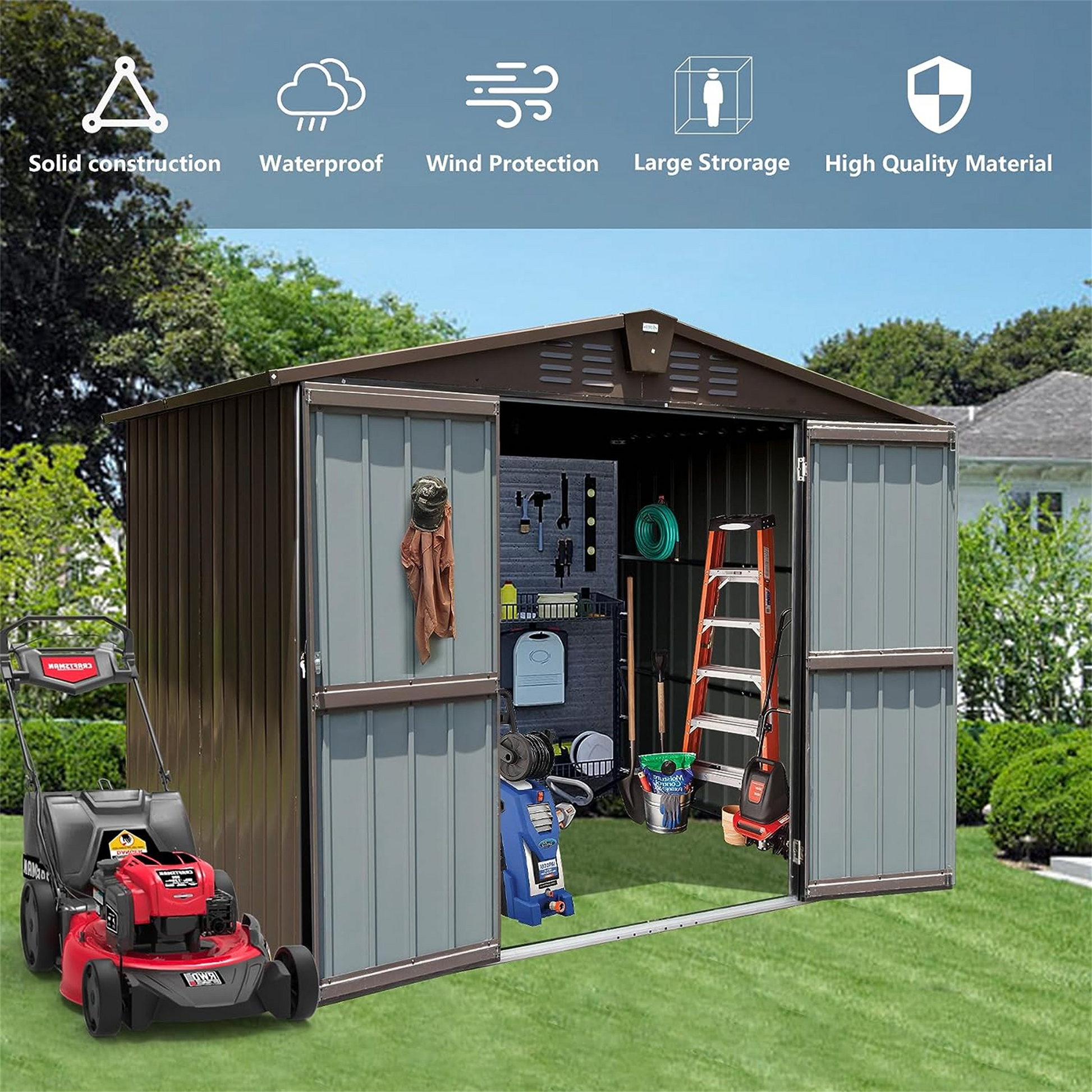 Brown and grey metal storage shed open doors reveal tools like a ladder and pressure washer