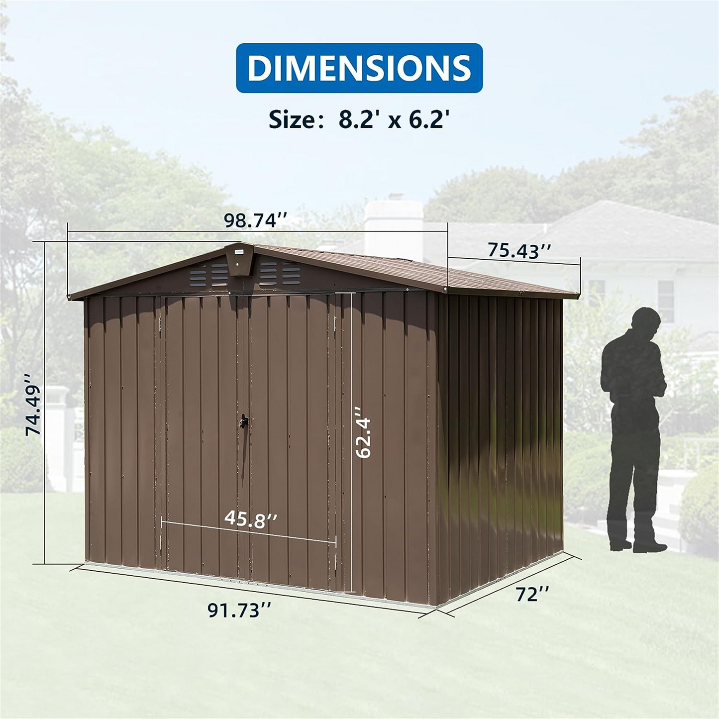 Brown metal garden shed  x  with double doors and ventilation