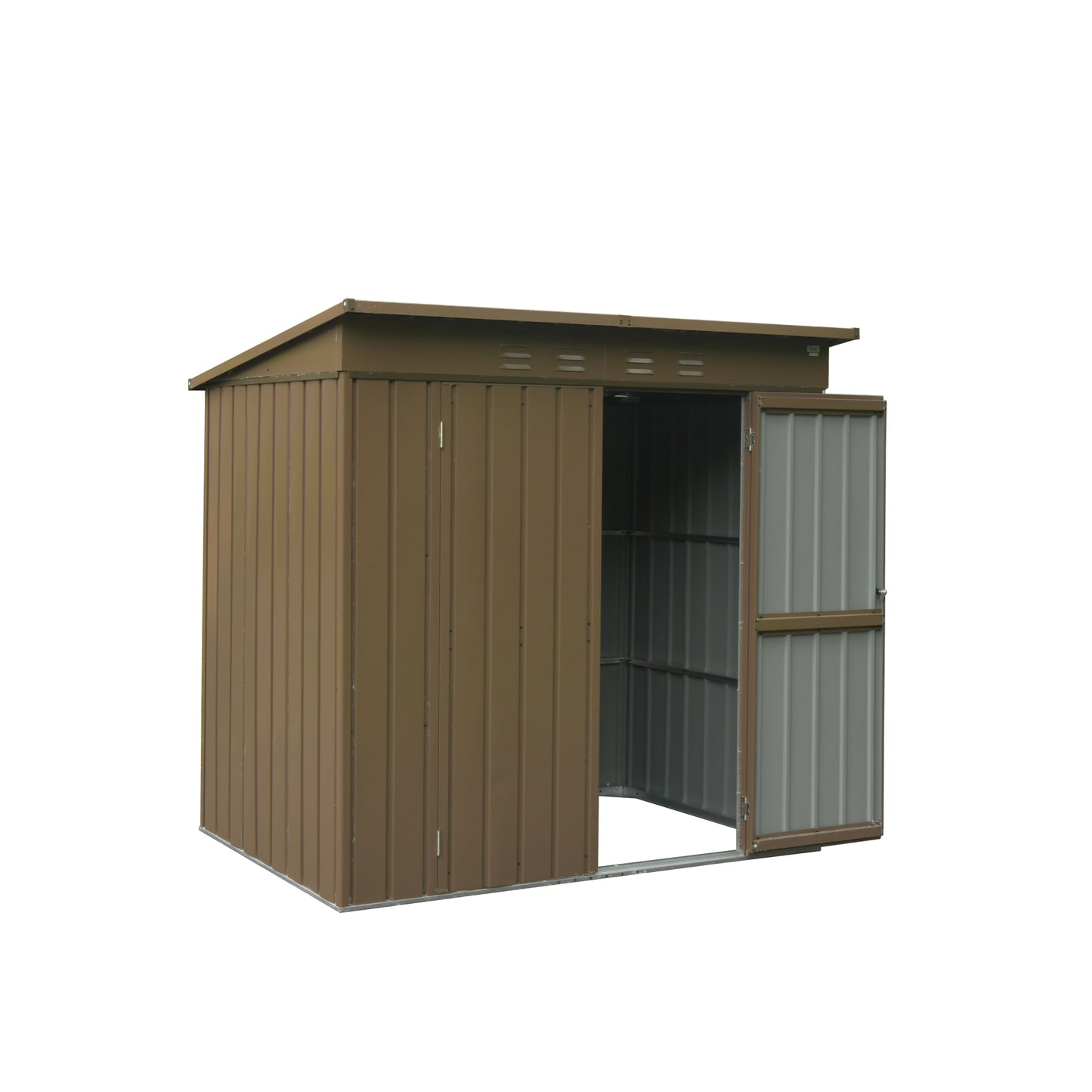 Brown metal garden shed with double doors ideal for outdoor storage solutions