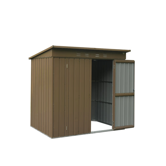 Brown metal garden shed with double doors ideal for outdoor storage solutions