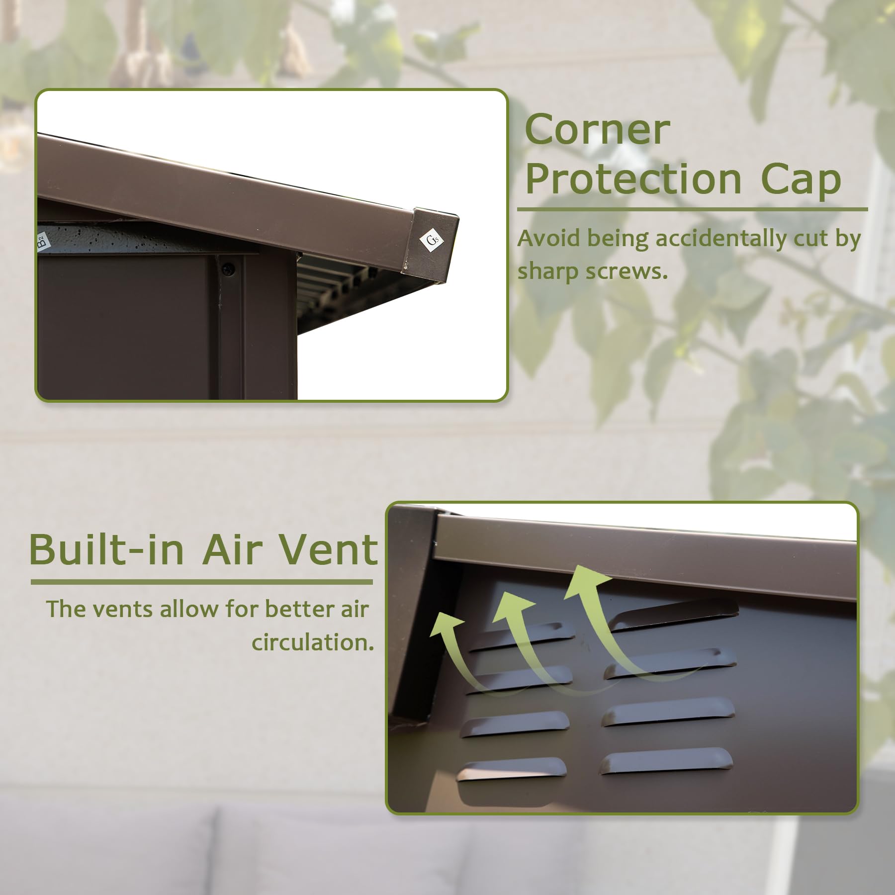Brown metal shed roof corner with protective cap detail