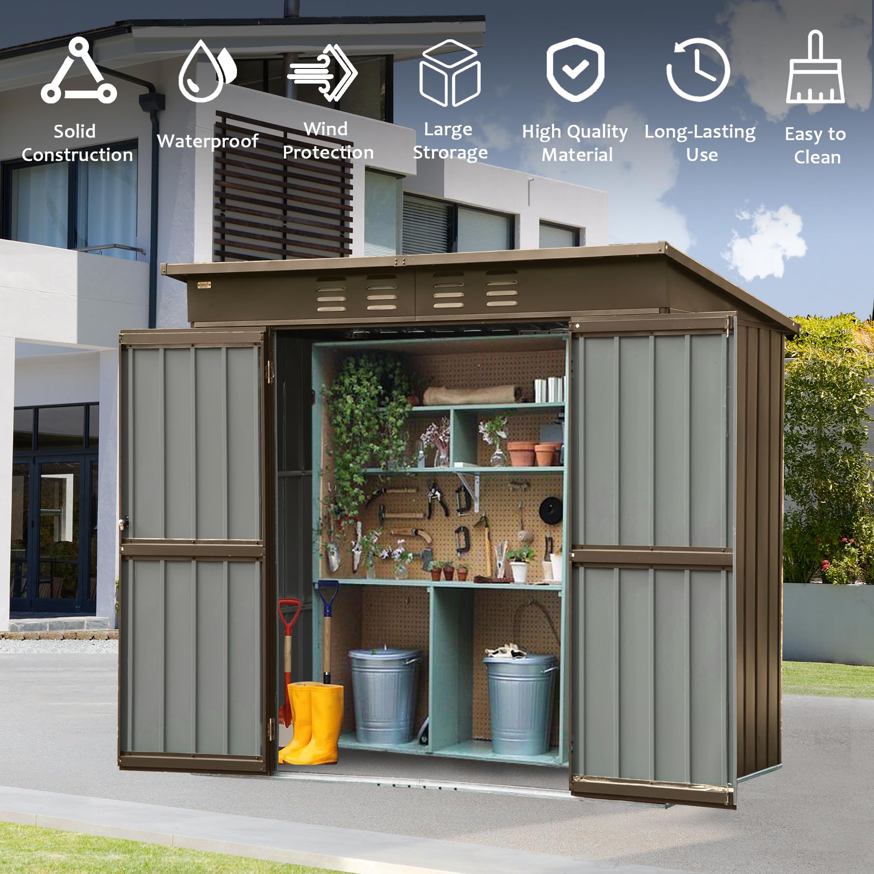 Brown metal garden shed with open doors displaying organized tools and plants