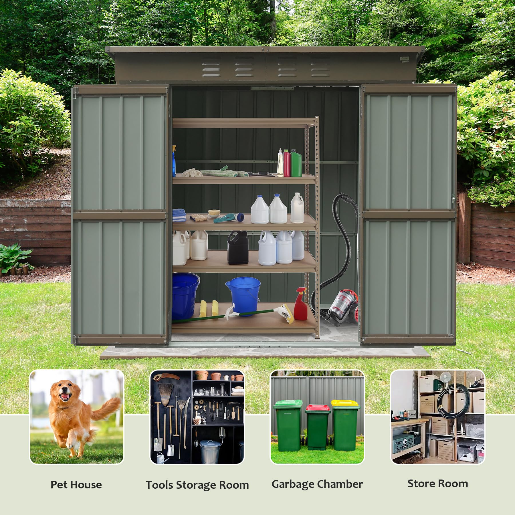 Outdoor storage shed with sliding doors and shelves holding cleaning supplies