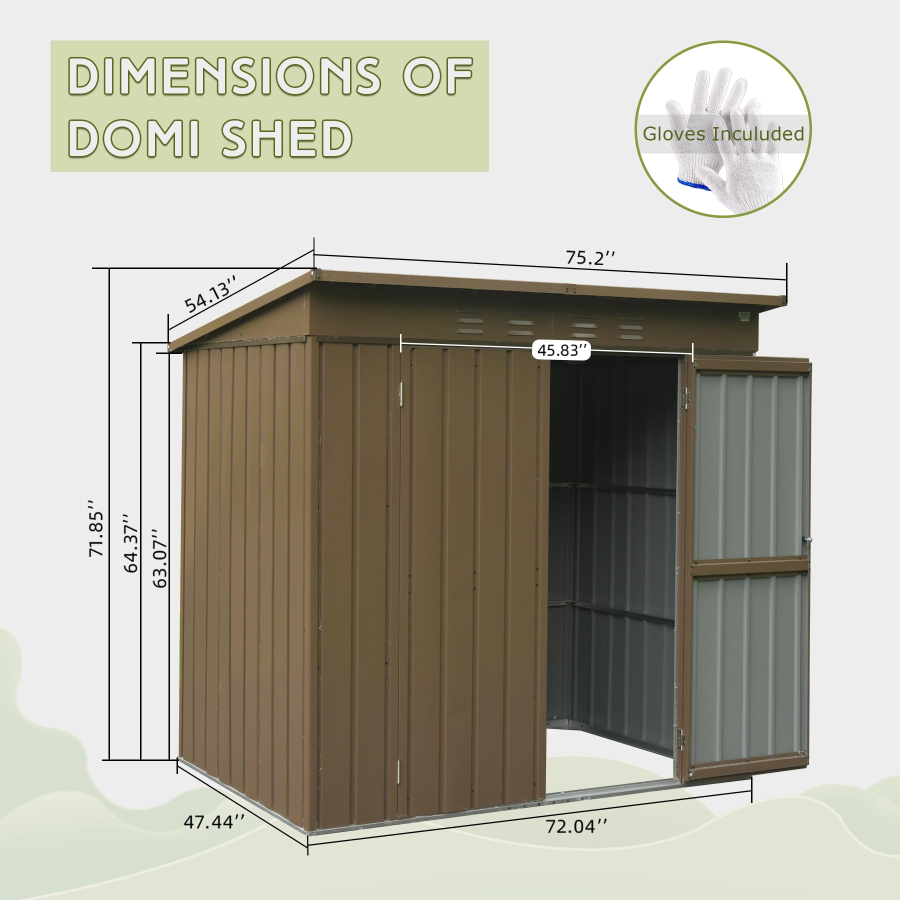 Brown metal DOMI shed with open double doors and dimensions labeled