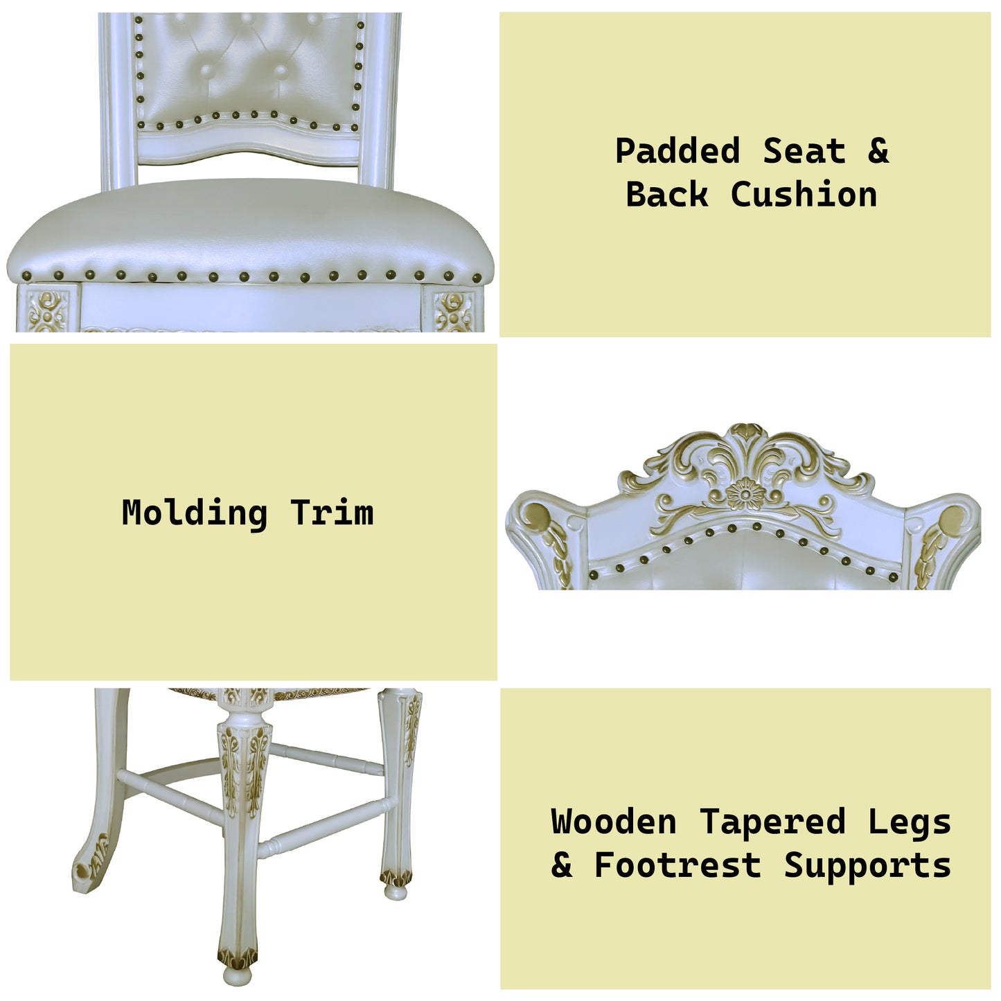 White tufted leather bar stool seat and back with nailhead trim