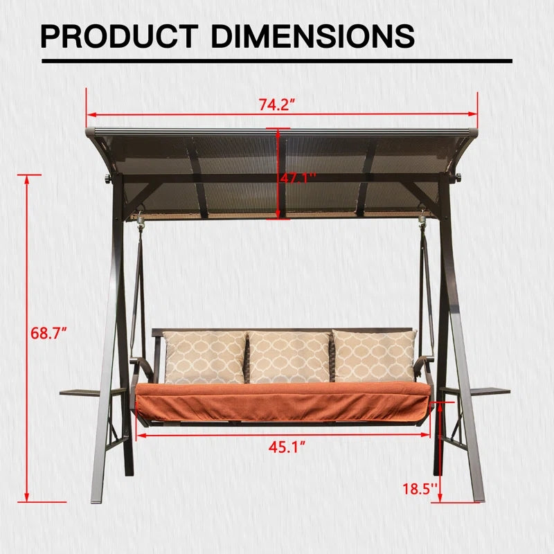 Bronze outdoor swing with orange seat cushion cream patterned pillows and canopy  W x  H