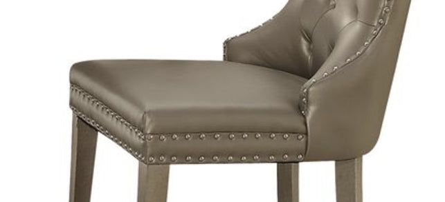 Tufted grey leather bar stool with nailhead trim