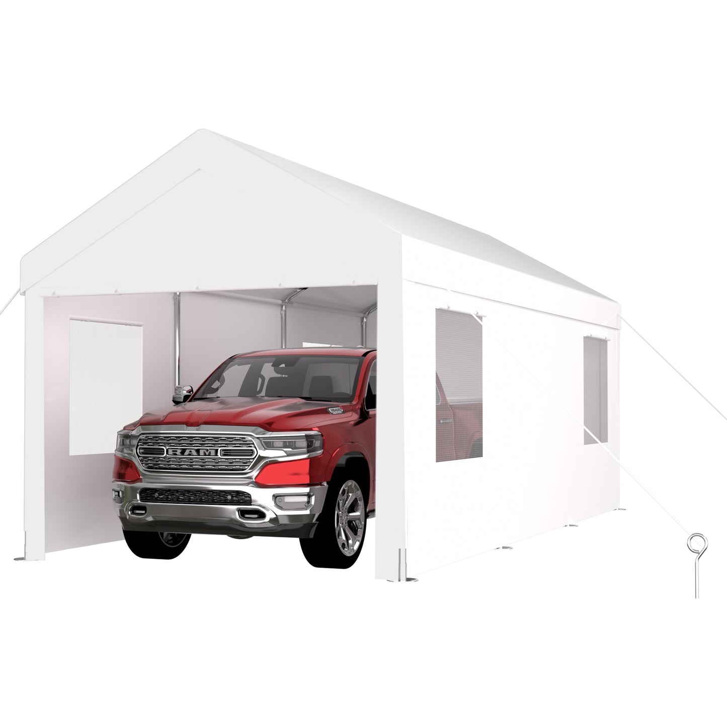White heavyduty car tent protecting a red Ram pickup truck from elements
