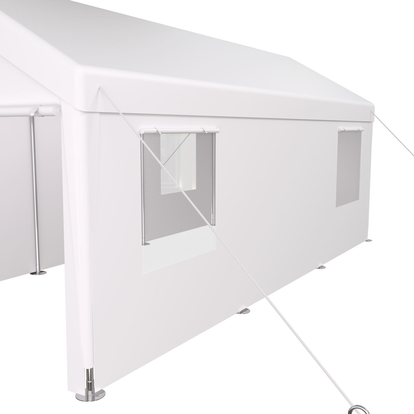 White popup canopy tent with steel frame and zippered mesh window for outdoor events