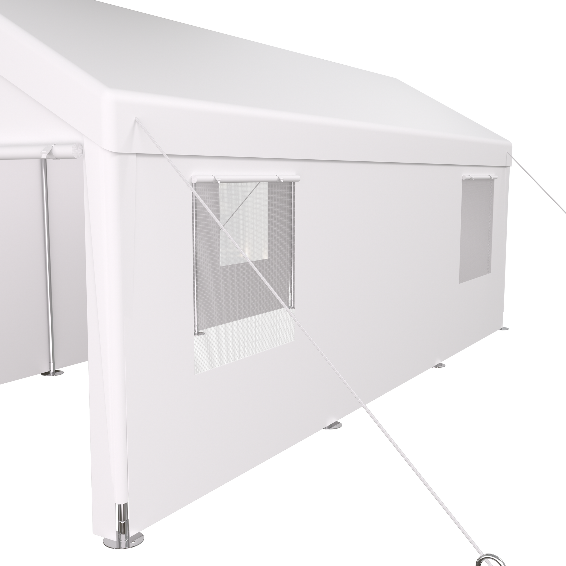 White popup canopy tent with steel frame and zippered mesh window for outdoor events