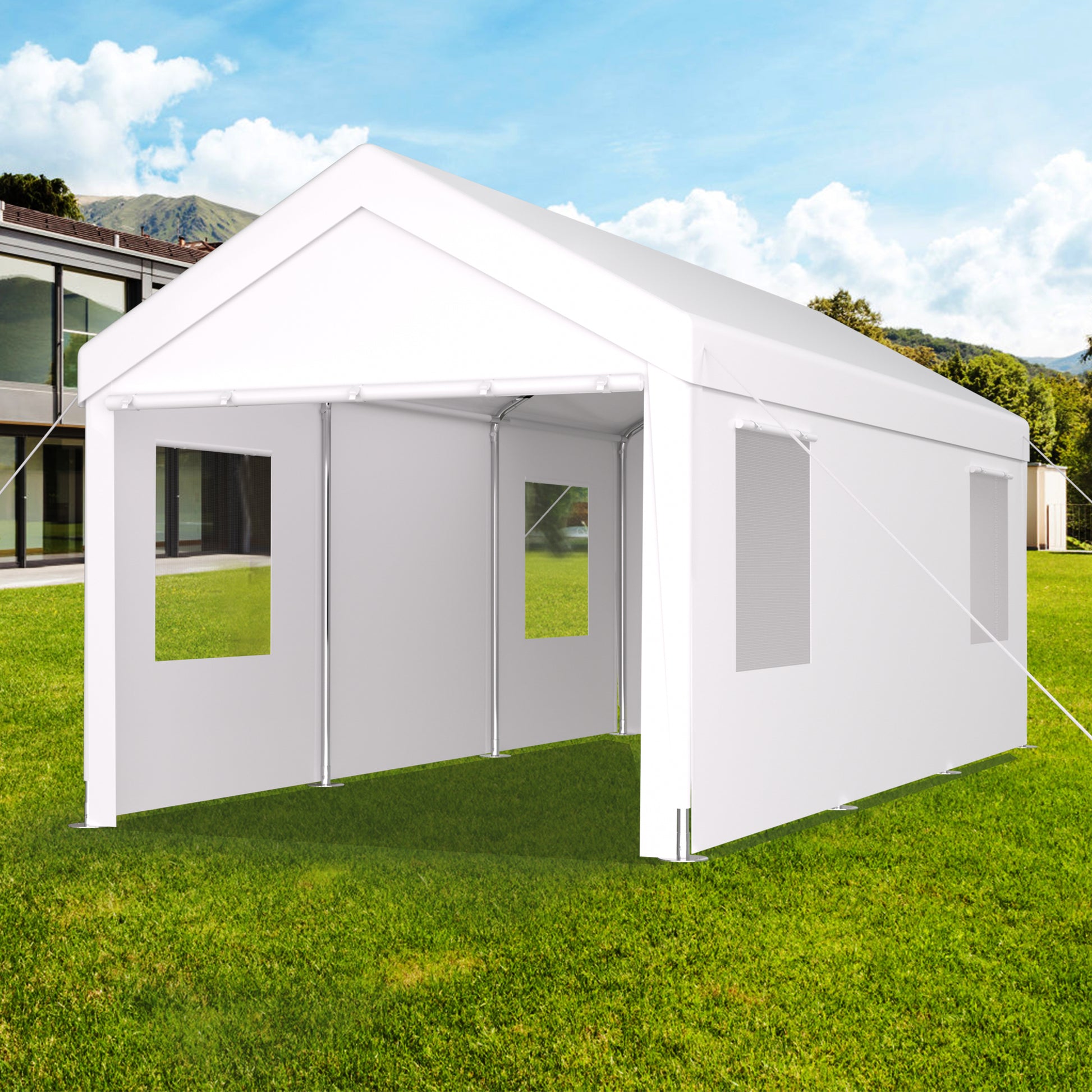 White party tent with windows on a grassy lawn perfect for outdoor events