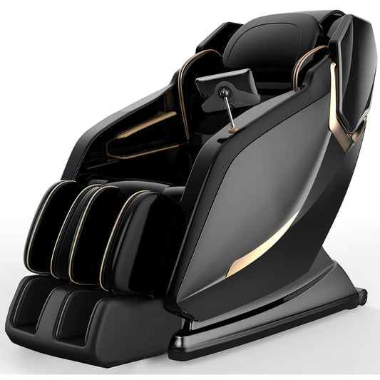Luxury black fullbody shiatsu massage chair with gold accents