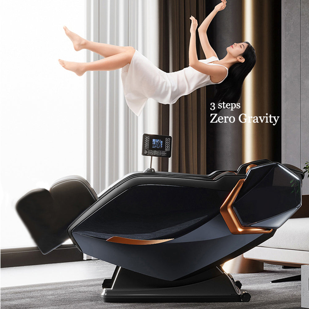 Luxury zero gravity massage chair in black with rose gold accents featuring a woman in white levitating above