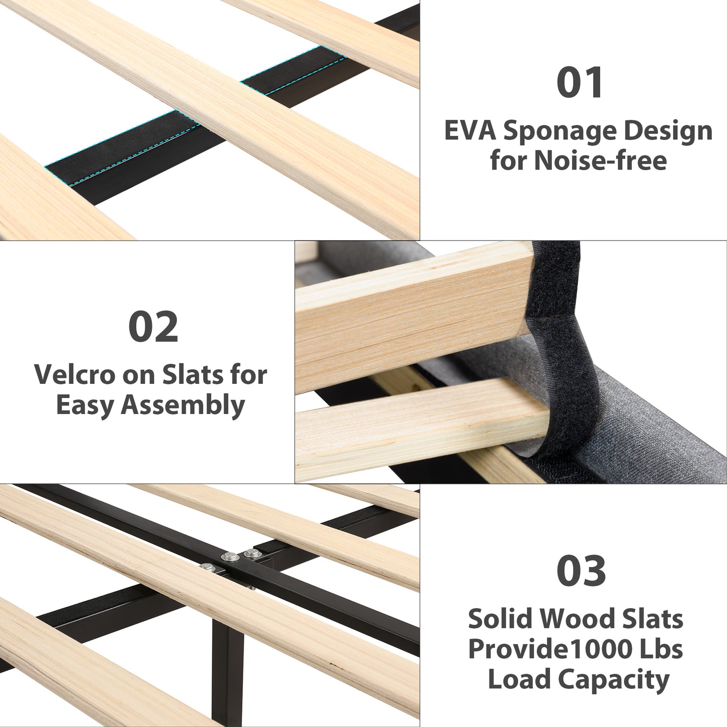 Closeup of bed frame with EVA sponge design for noisefree sleep