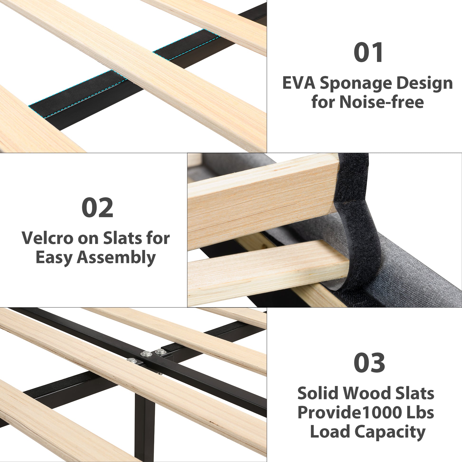 Closeup of bed frame with EVA sponge design for noisefree sleep