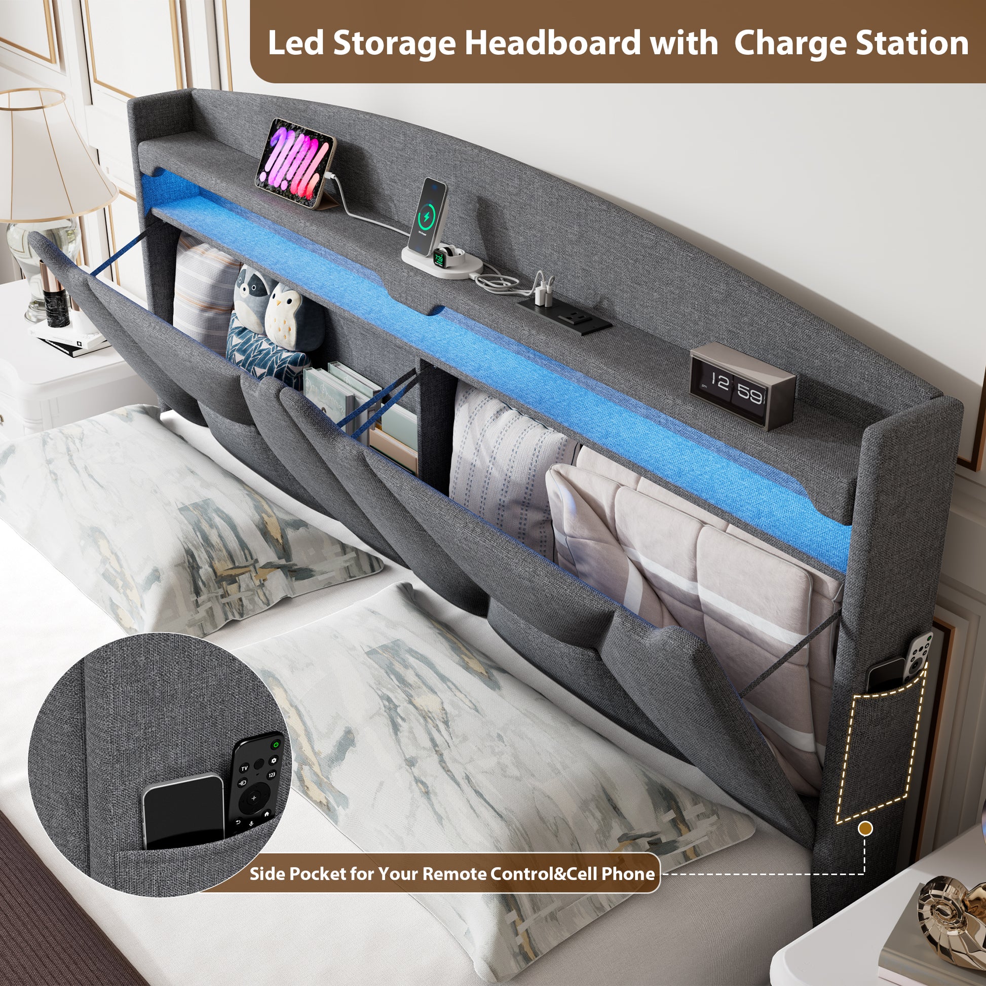 Gray fabric storage headboard with builtin LED lighting and charging station