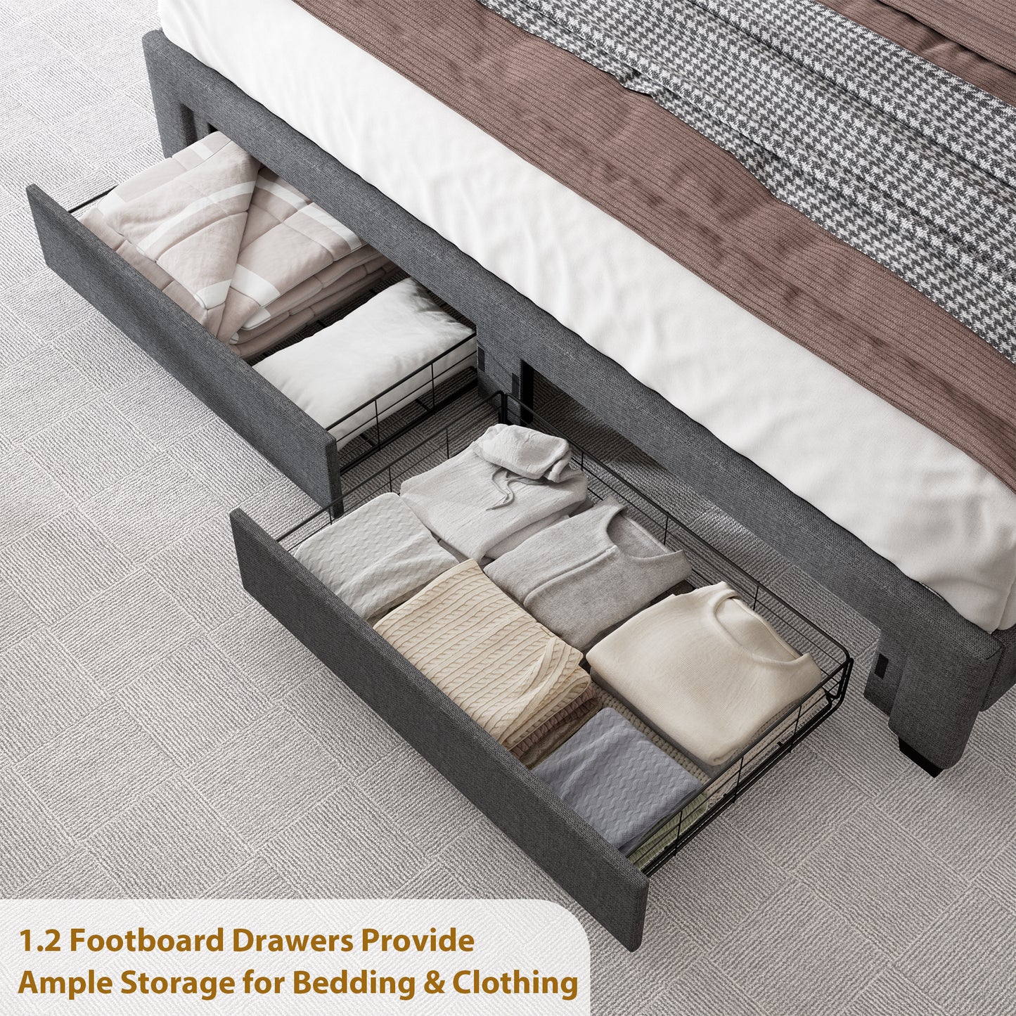 Dark gray fabric bed frame with two open drawers filled with folded bedding and clothing