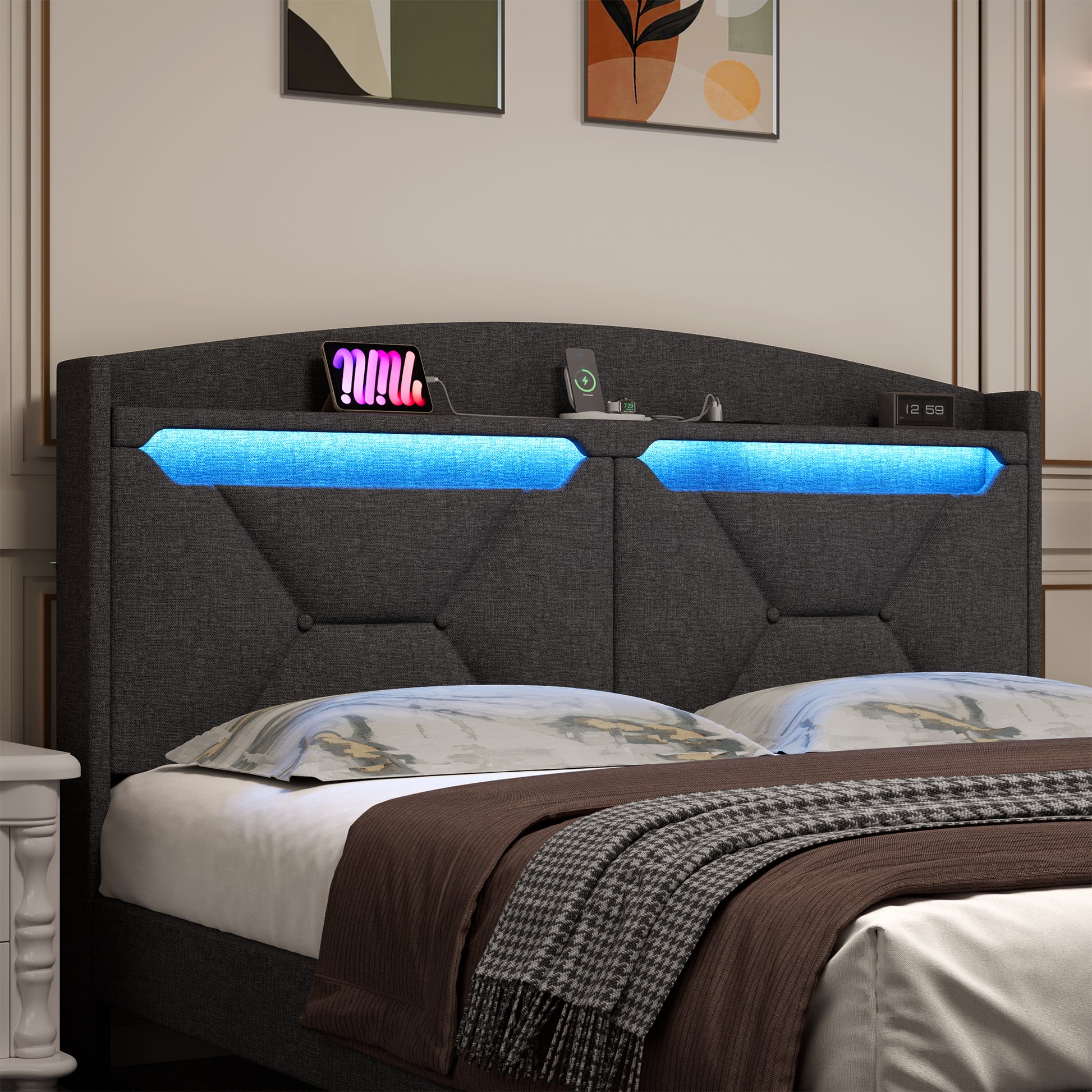 Dark grey upholstered bed frame with integrated blue LED lighting and shelf