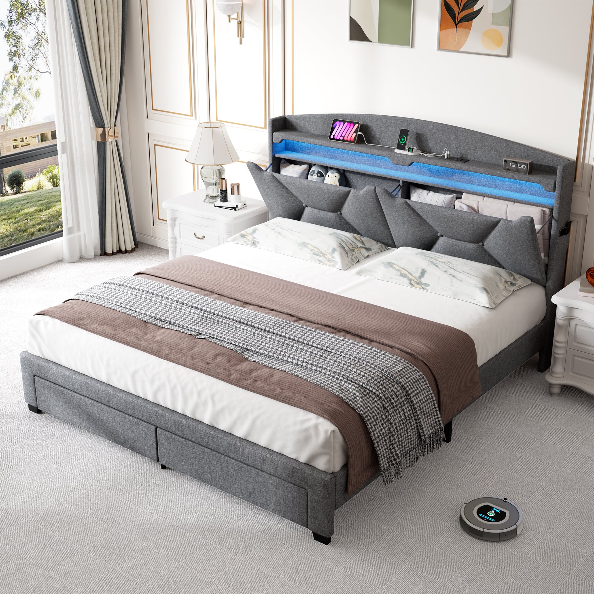 Contemporary grey fabric platform bed with integrated storage and LED lighting