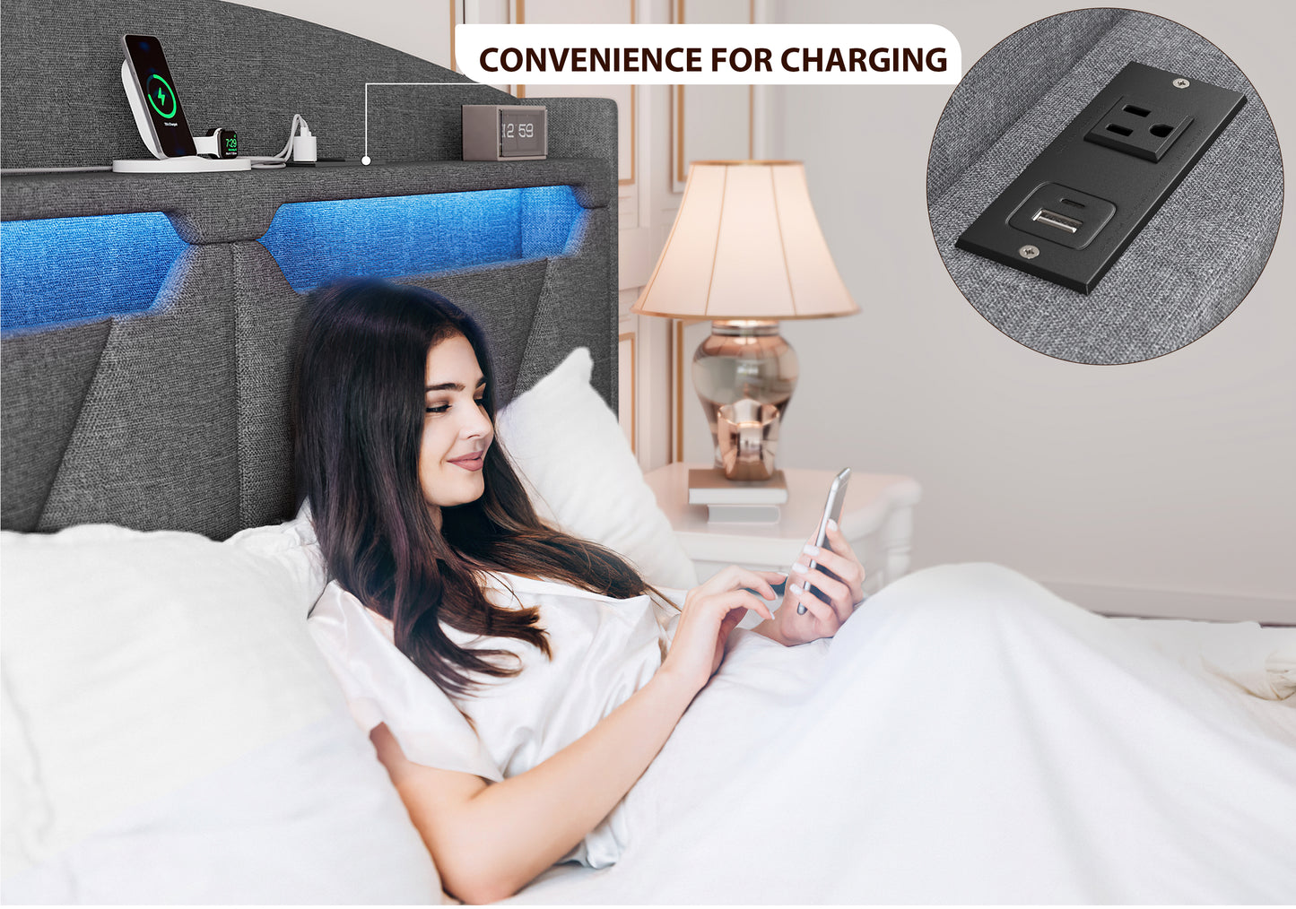 Grey upholstered headboard with integrated USB charging ports and LED lighting