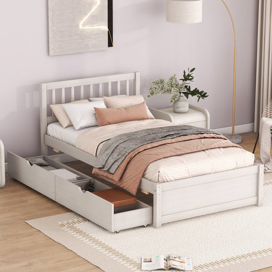 TREATLIFE HOME Modern Design Wooden Twin Size Platform Bed with 2 Storage Drawers, Space-Saving White Washed Style