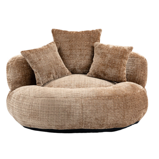 Plush brown velvet armchair with textured fabric and four matching throw pillows for comfortable seating