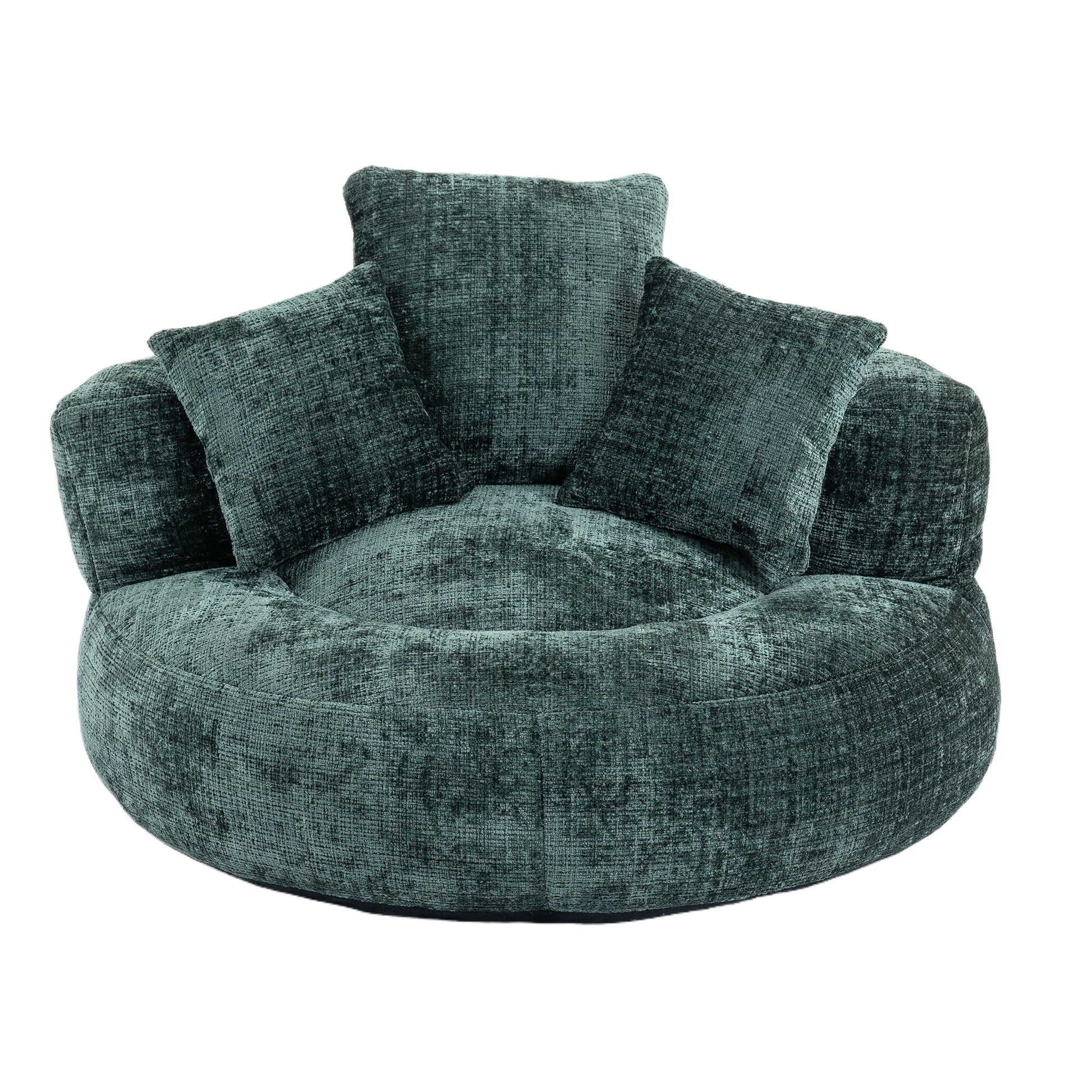 Deep teal boucle upholstered round sofa with four plush cushions modern seating