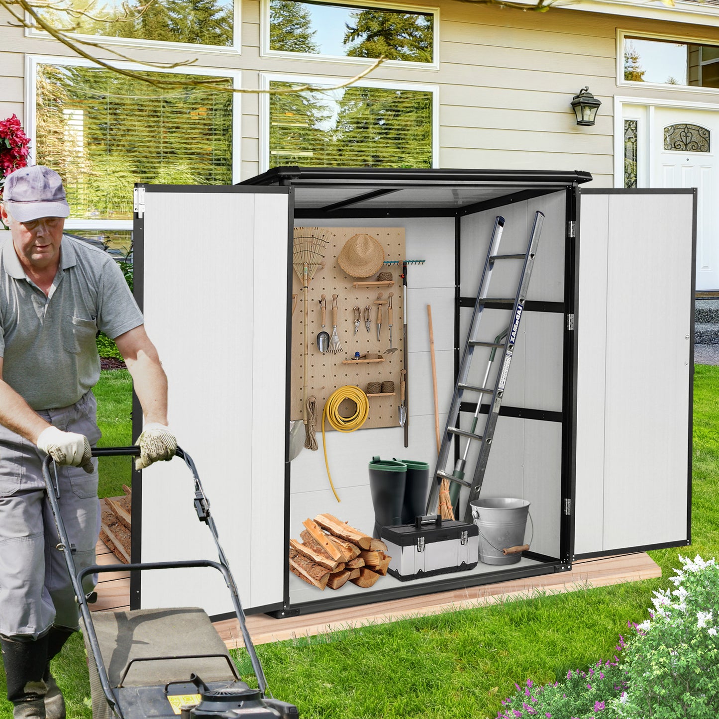 White resin storage shed with gardening tools ladder and firewood inside
