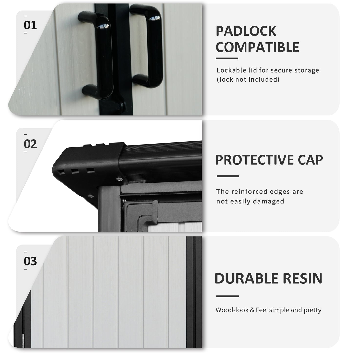 Two black modern handles on a lightcolored storage shed door padlock compatible