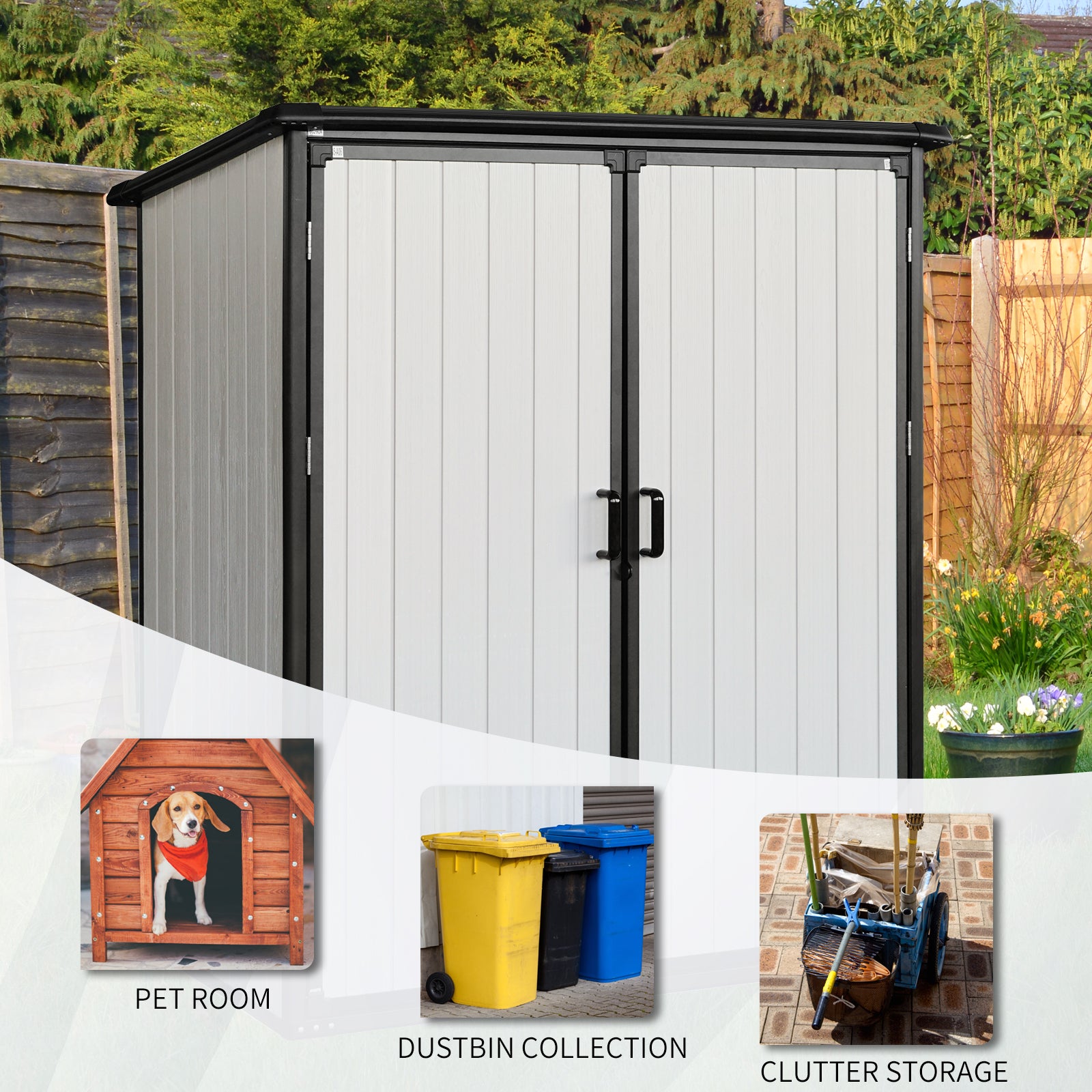 Grey and white outdoor storage shed with double doors garden storage solution