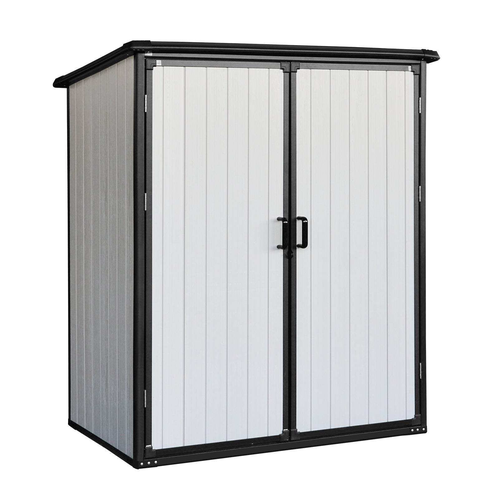 Tall grey and white resin shed with double doors ideal for garden storage