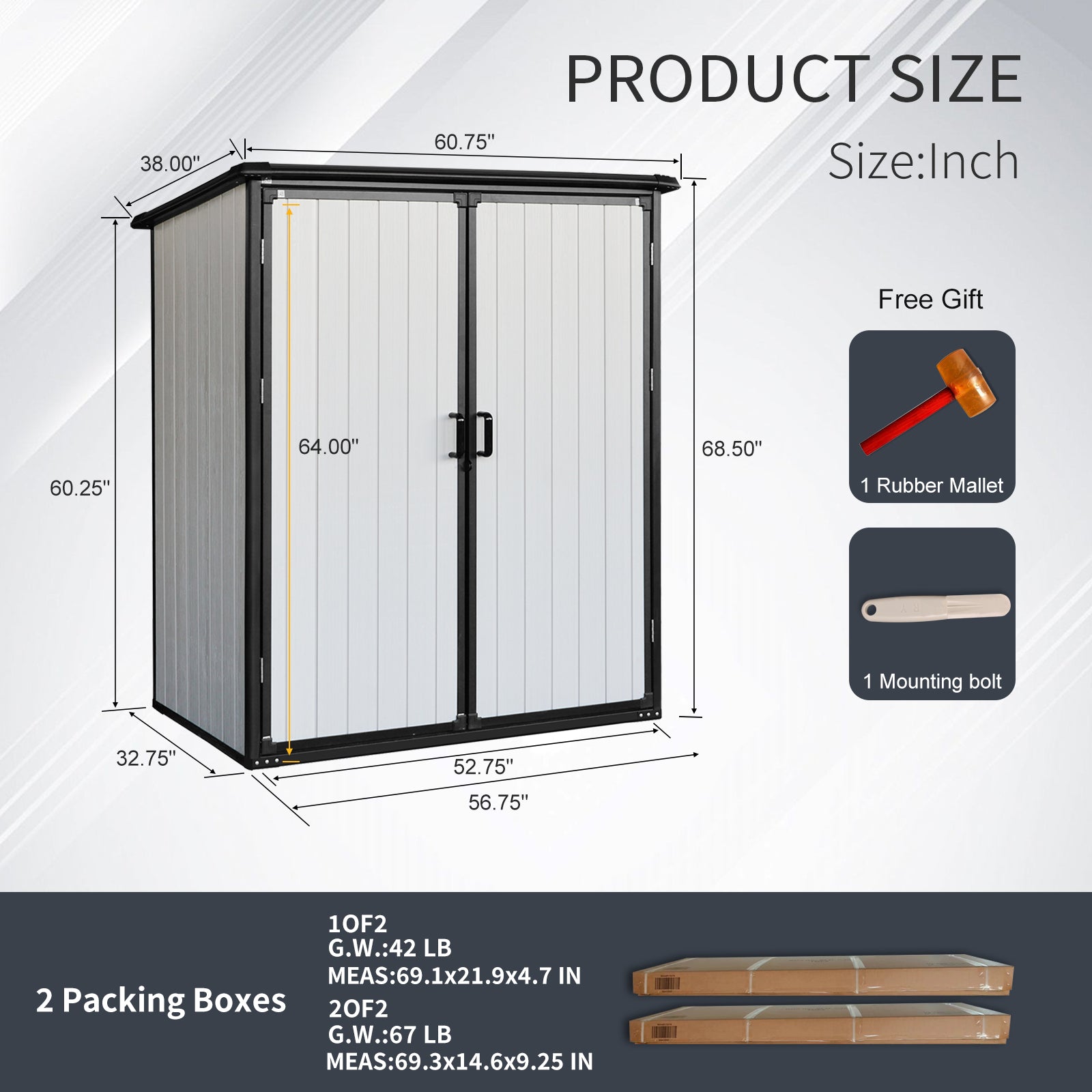 Gray metal storage shed with double doors  H x  W x  D dimensions