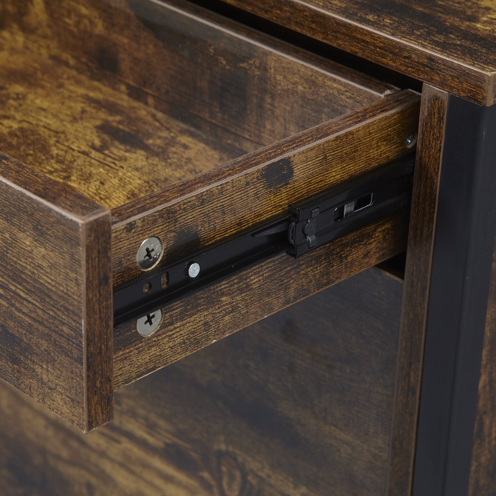Rustic brown wood grain drawer with metal ball bearing slide and visible screws