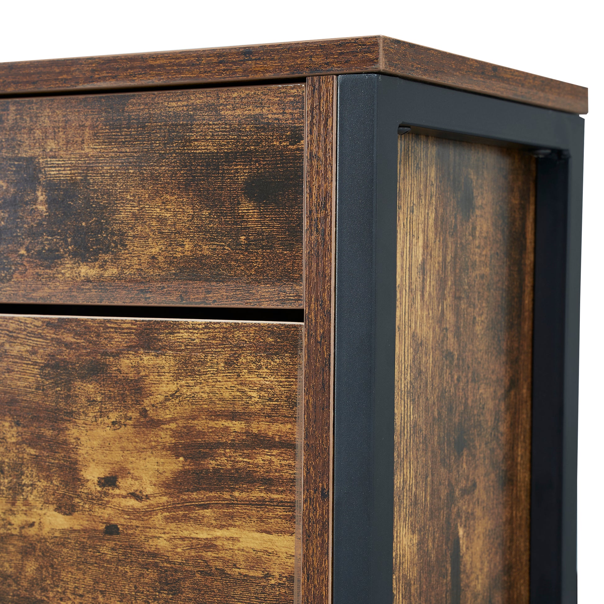 Rustic brown wood effect dresser drawers with a dark metal frame perfect for bedroom storage