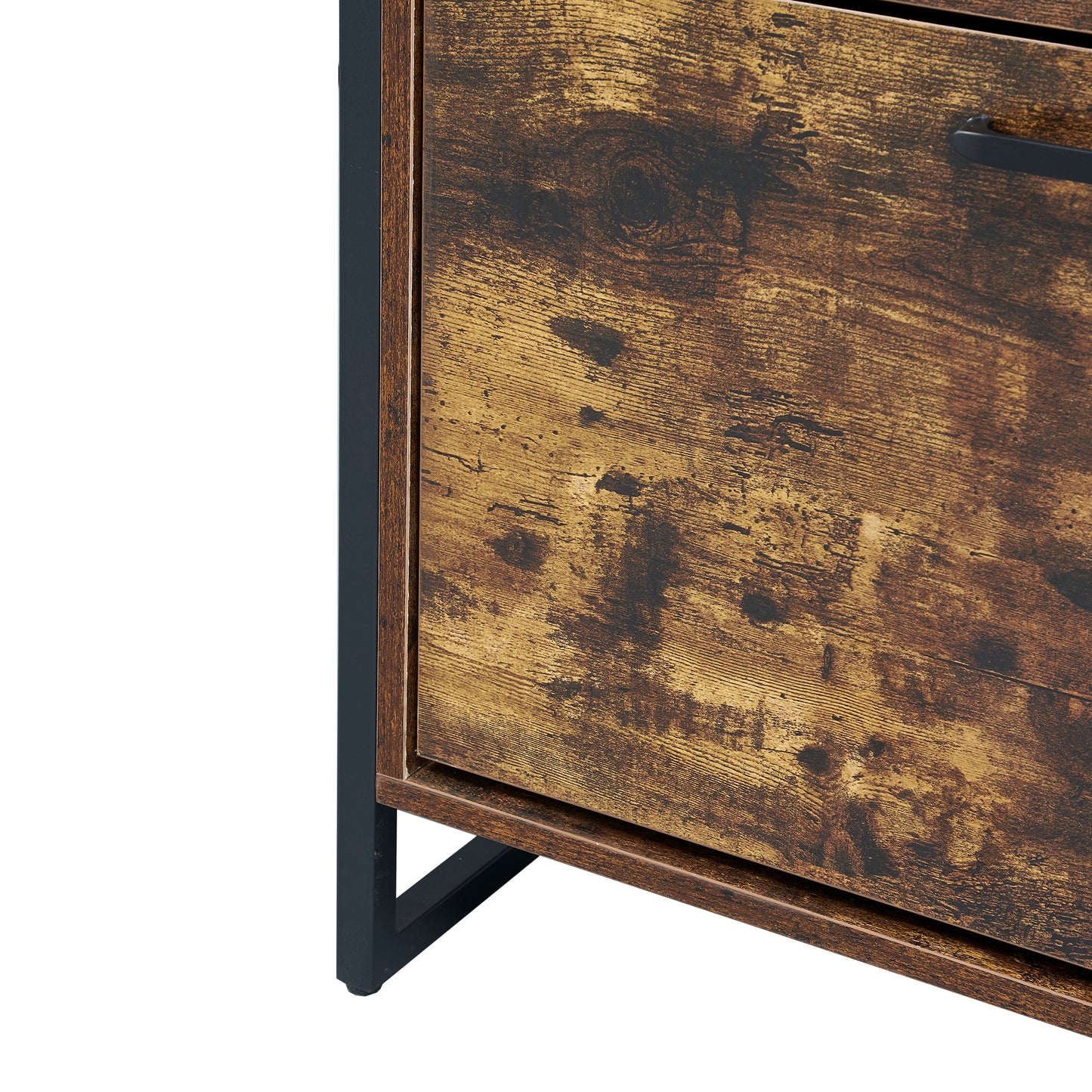 Rustic brown wood cabinet with black metal frame and drawer pull