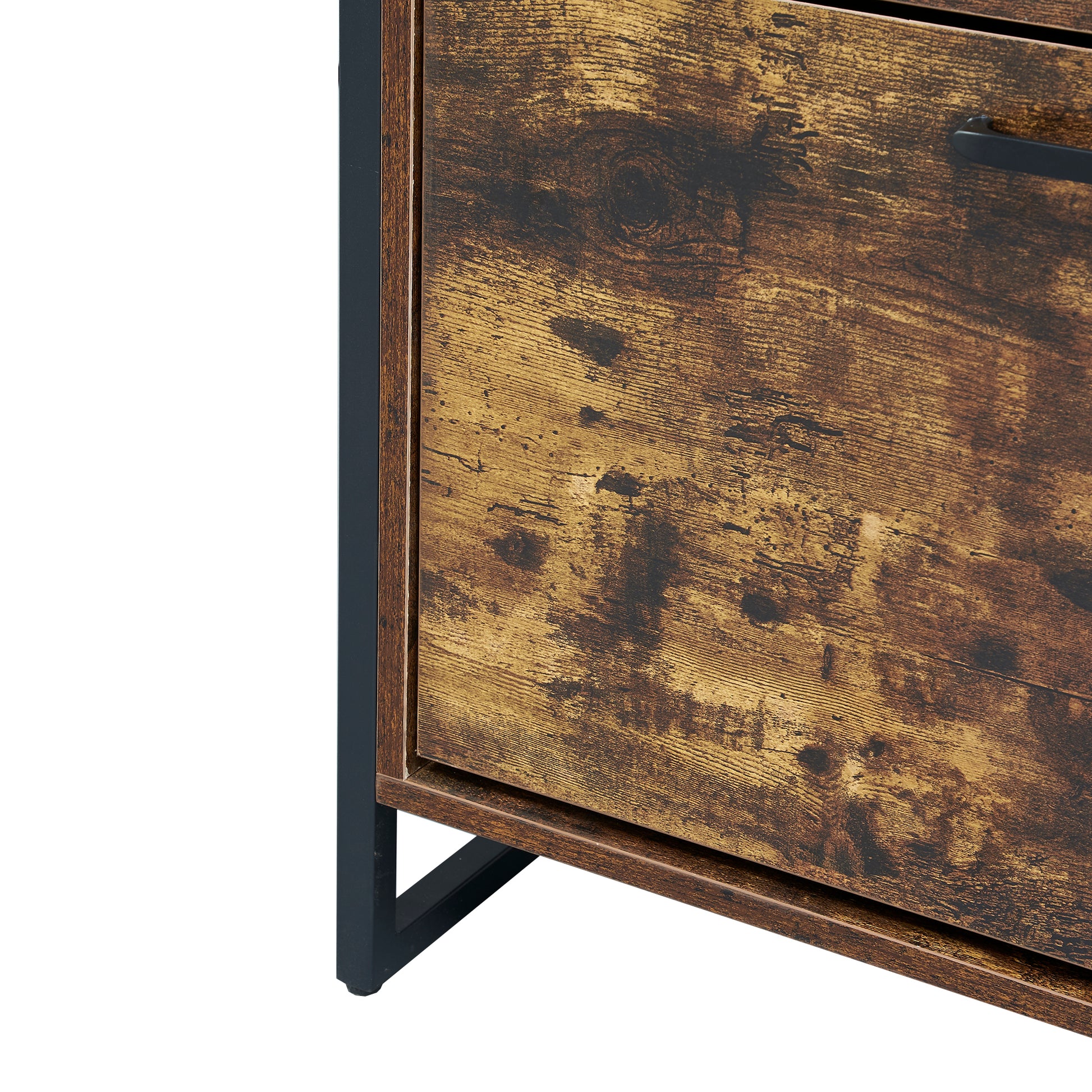 Rustic brown wood cabinet with black metal frame and drawer pull