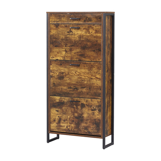 Rustic brown shoe cabinet with four flip drawers and black metal frame