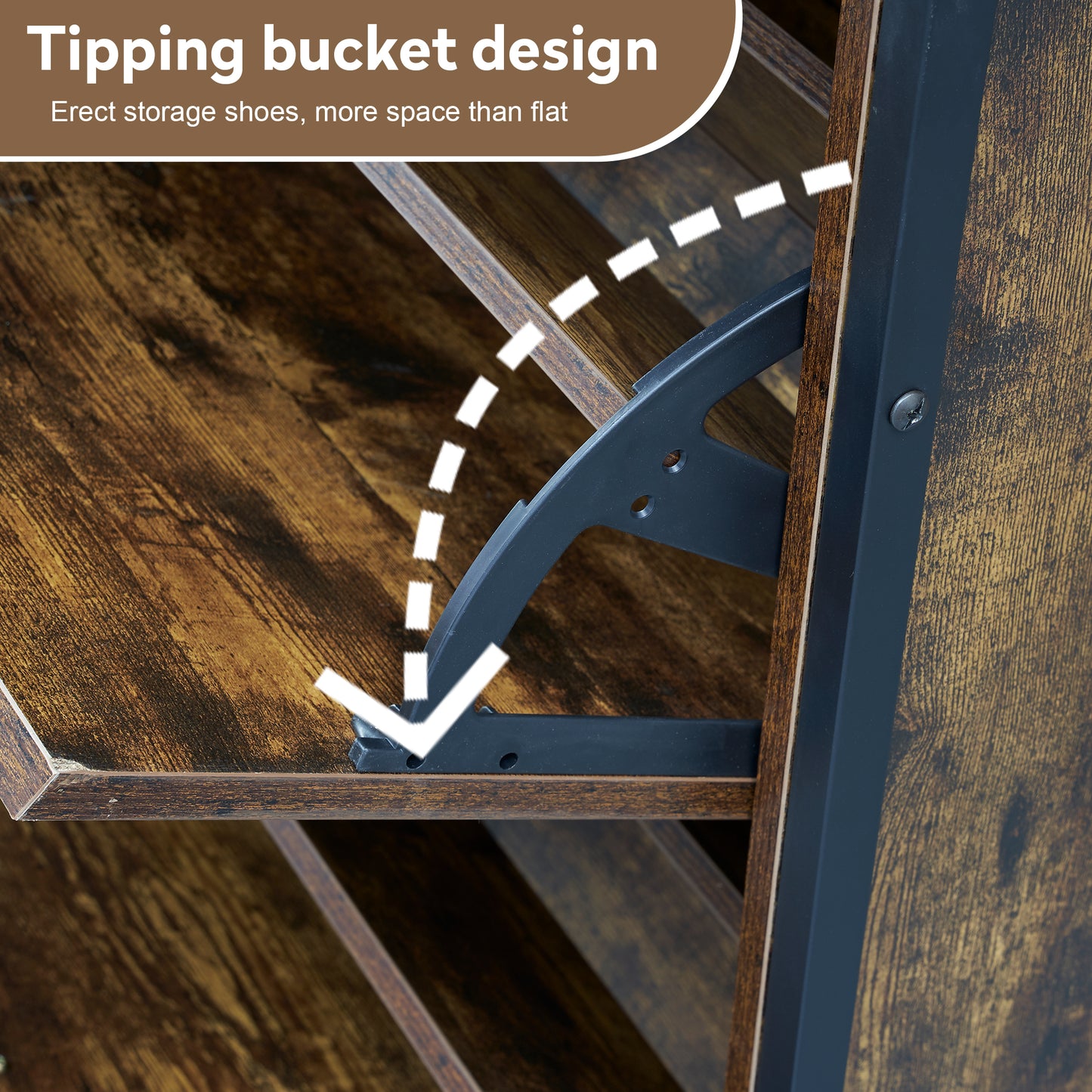 Rustic brown shoe cabinet with tipping bucket design for efficient storage