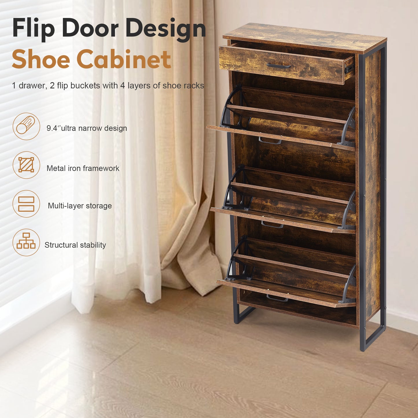 Rustic brown shoe cabinet with flip doors drawer and metal frame for entryway organization
