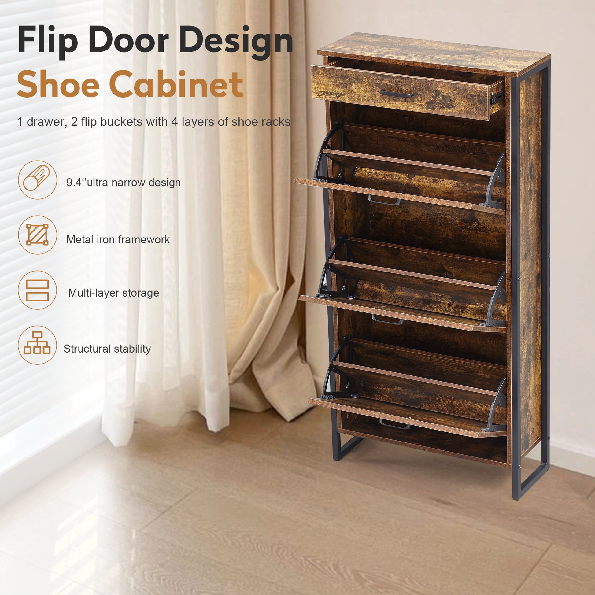 Rustic brown shoe cabinet with flip doors drawer and metal frame for entryway organization