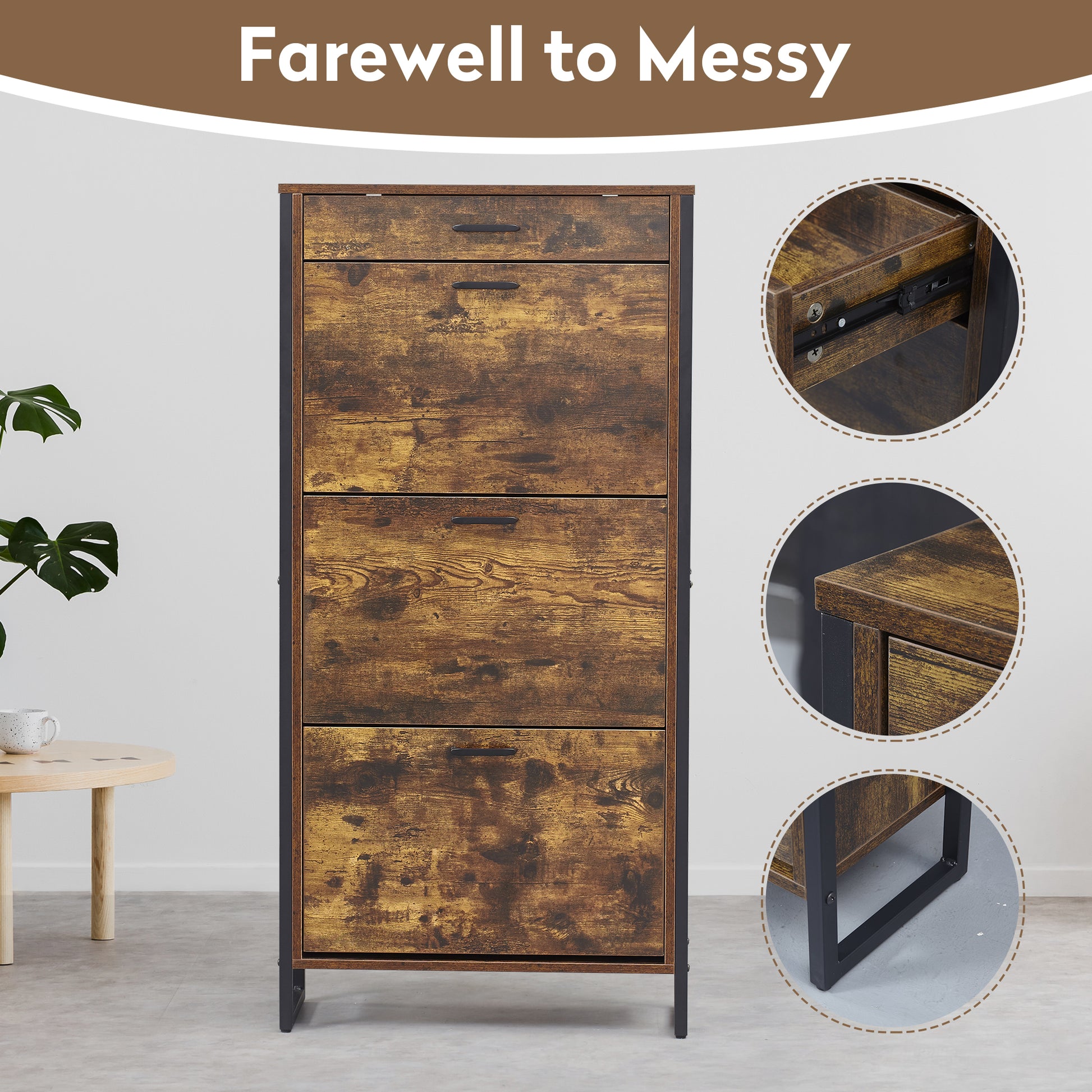 Rustic brown industrial shoe cabinet with  flipdown drawers for entryway organization