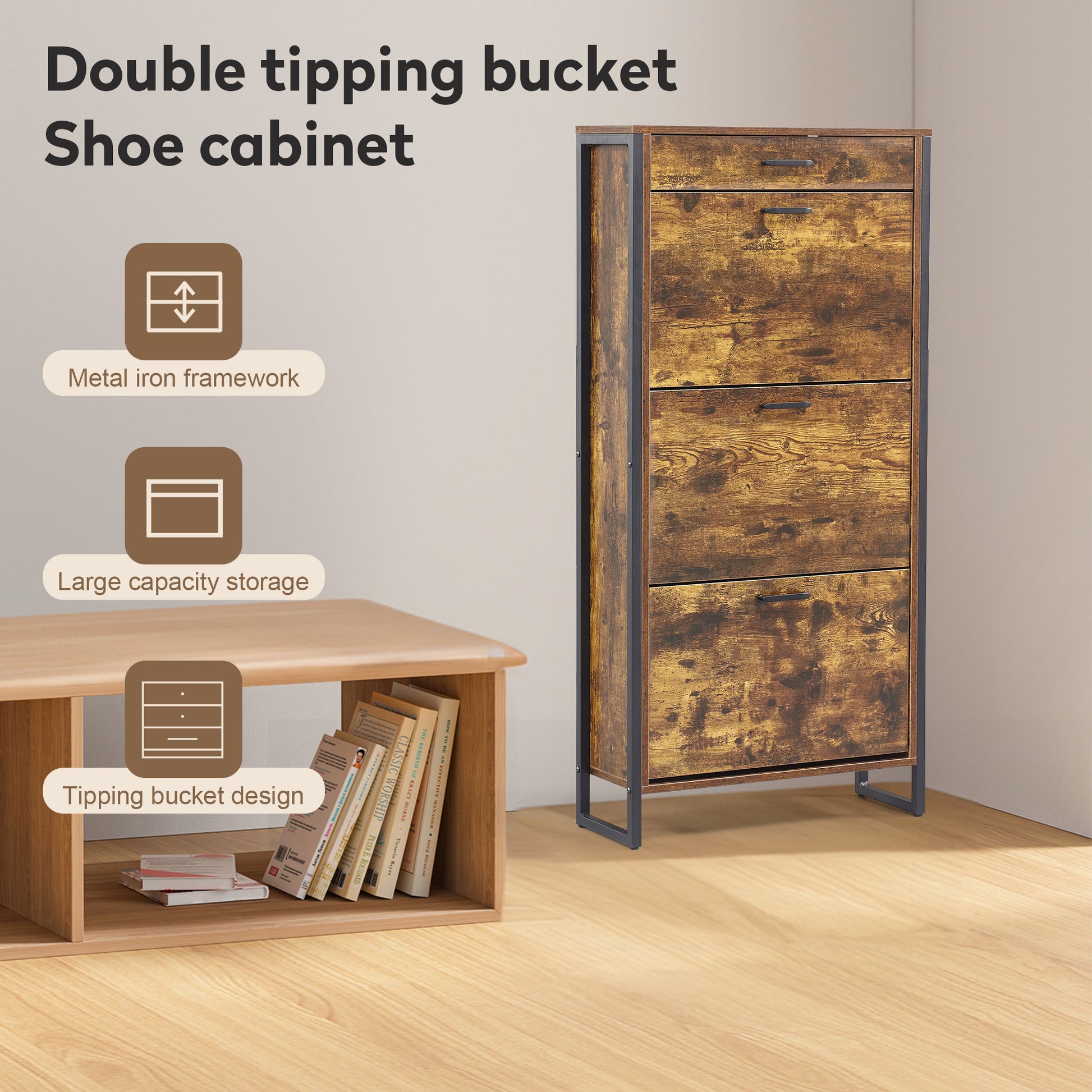 Slim industrial shoe cabinet with metal iron framework and distressed wood finish