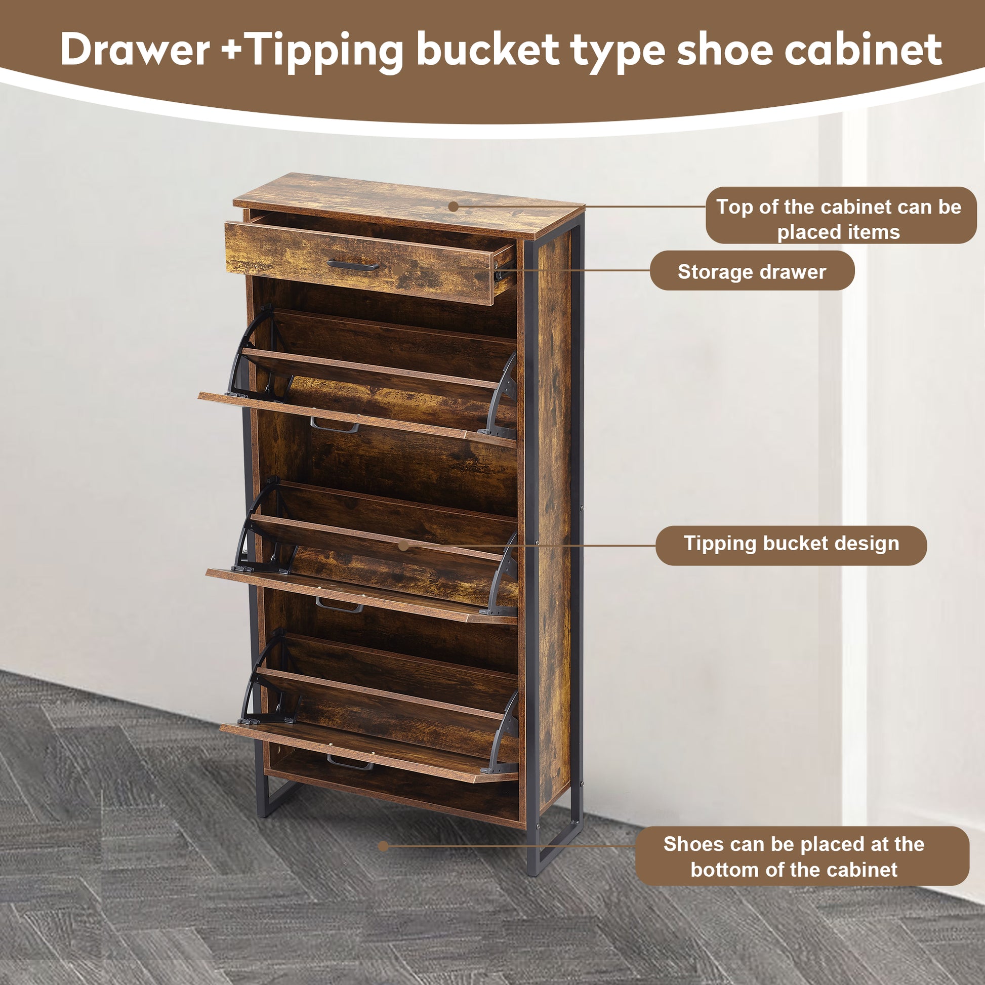 Rustic wood and metal shoe cabinet with a tipping bucket design and top storage drawer