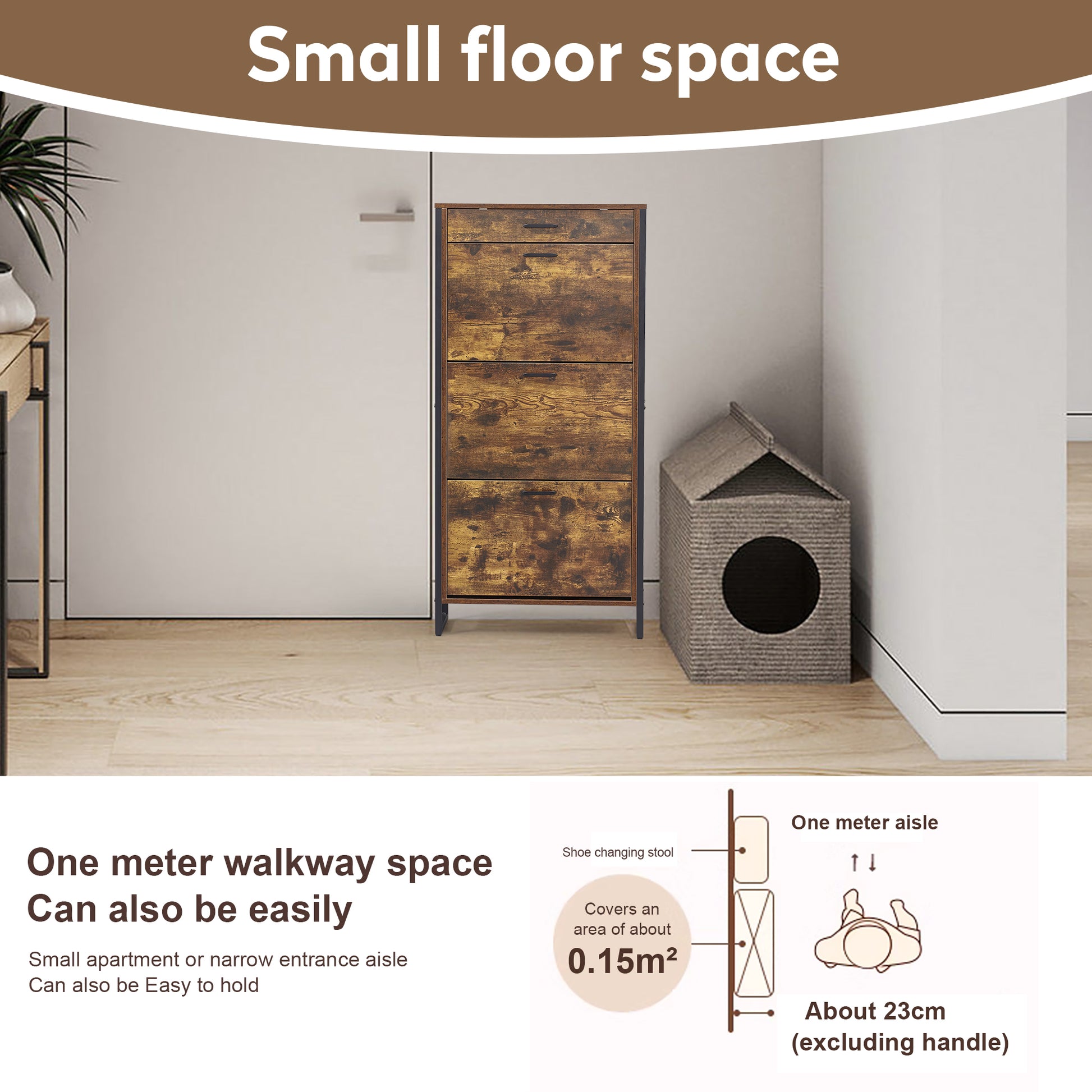Rustic brown wooden entryway shoe cabinet with three flip drawers and black metal frame