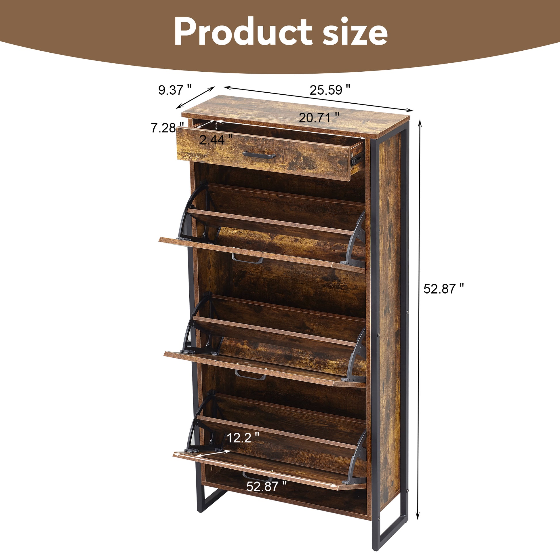 Rustic brown entryway shoe cabinet with a single drawer and four flipout shoe shelves