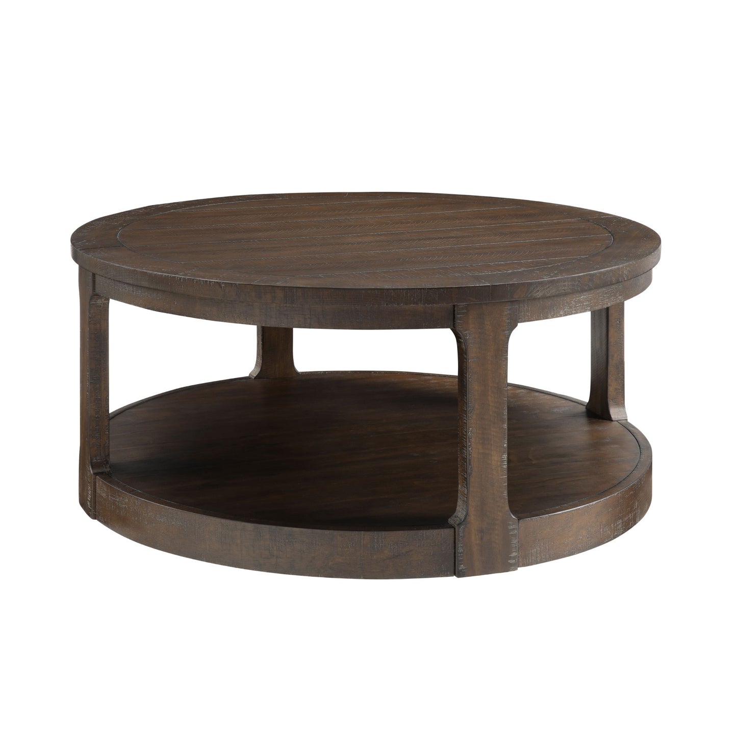 Round rustic brown wooden coffee table with two shelves and textured wood grain finish
