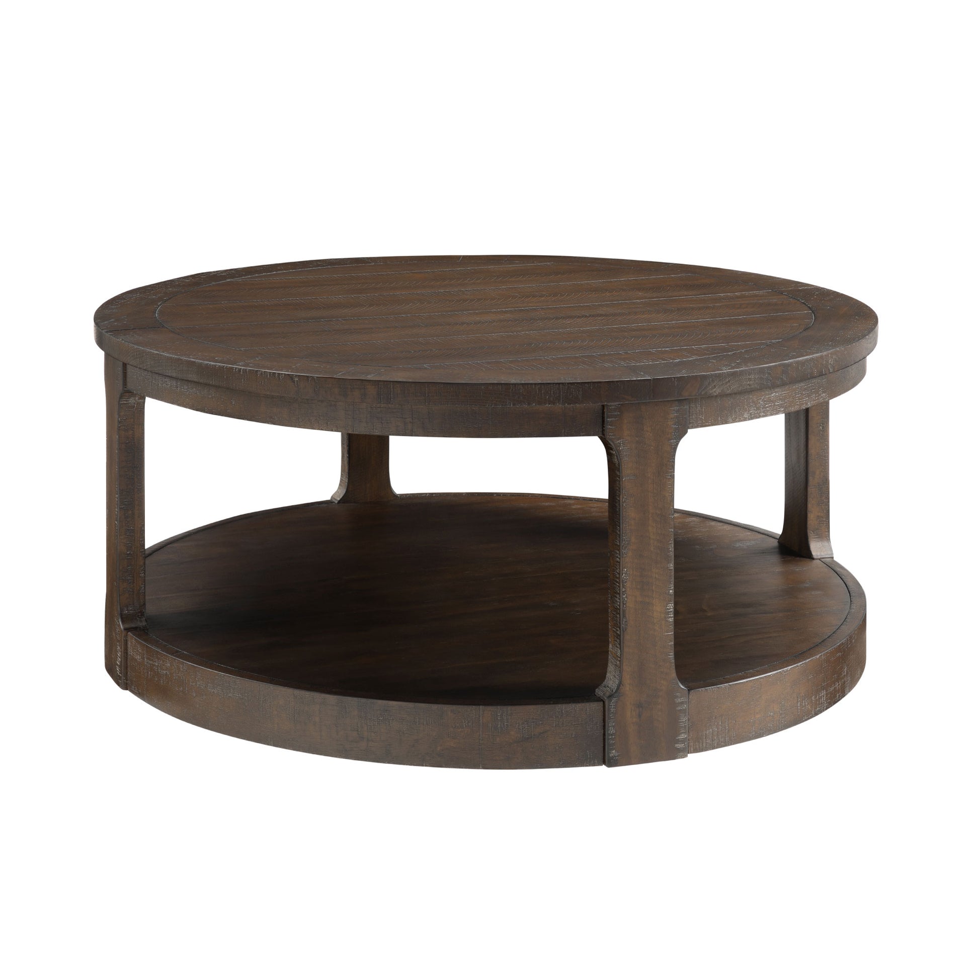 Round rustic brown wooden coffee table with two shelves and textured wood grain finish