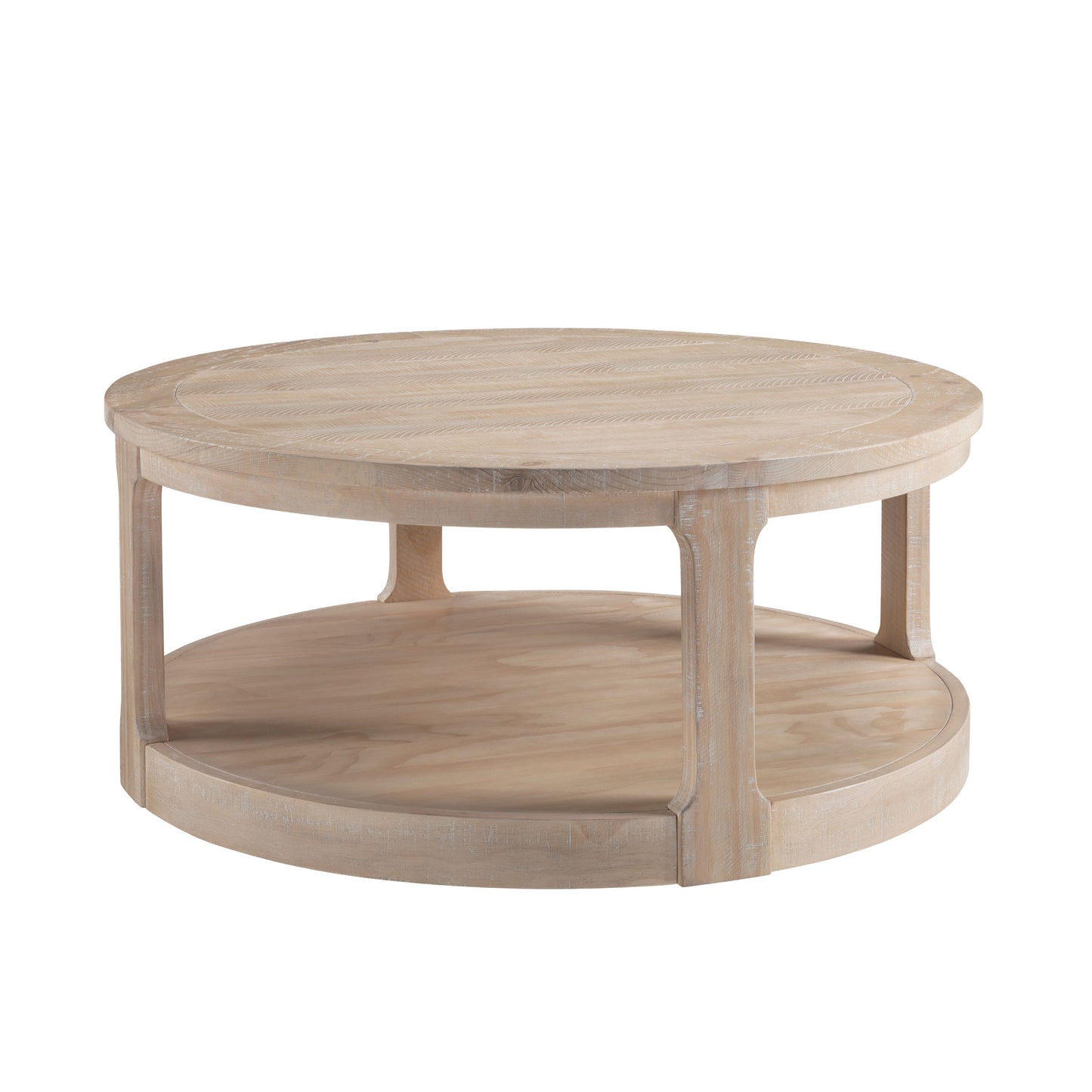 Round weathered oak coffee table with two tiers and carved top detail