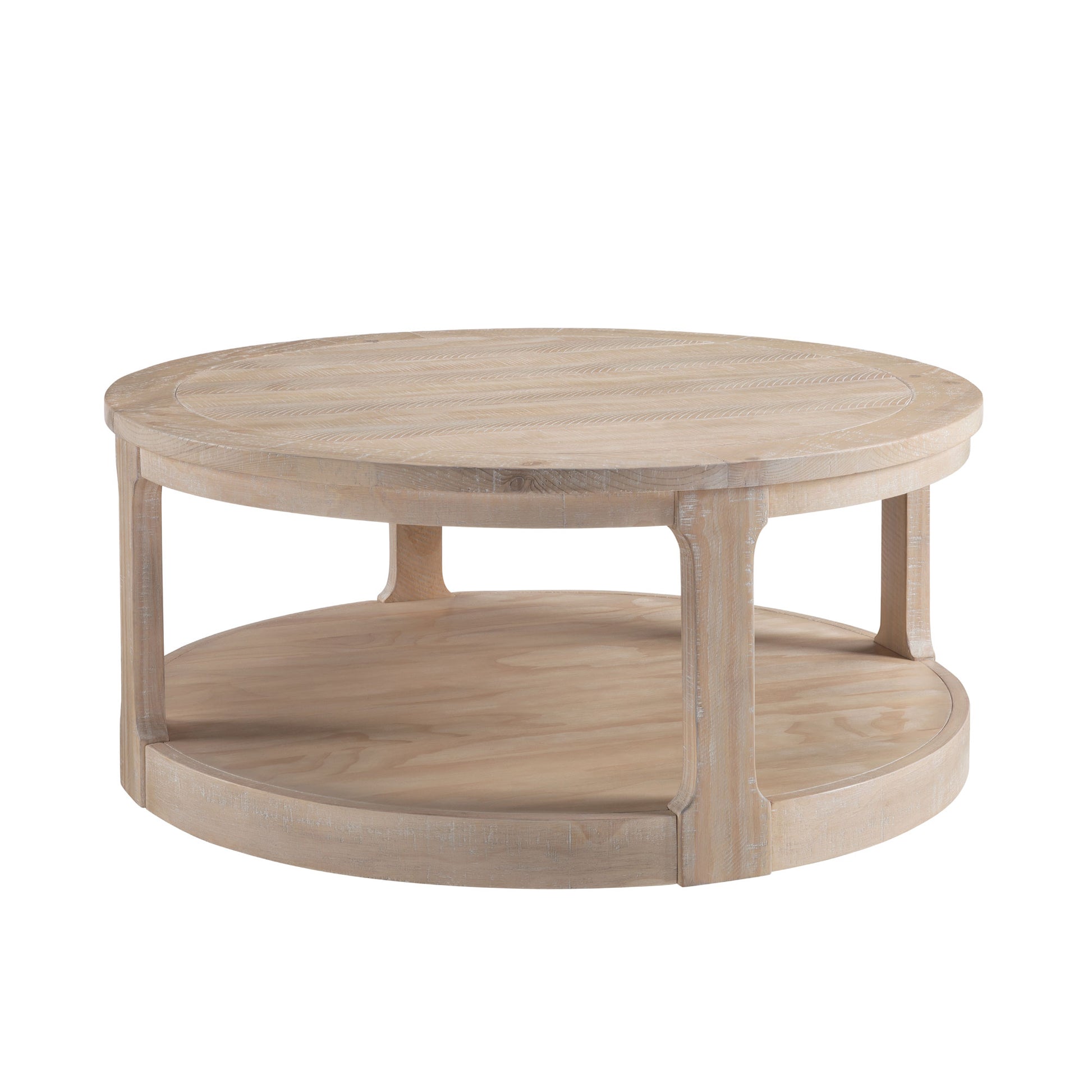 Round weathered oak coffee table with two tiers and carved top detail